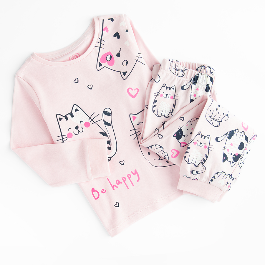 Pink long sleeve and pants pyjamas with kittens print - 2 pieces