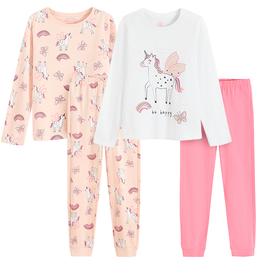 Pink and white long sleeve blouse and pants pyjamas with unicorn print- 2 pack