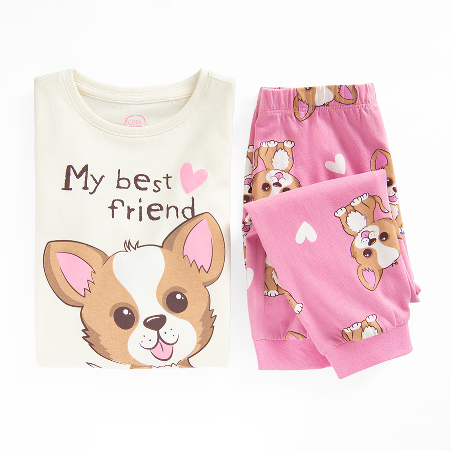 Ecru blouse and pink pants pyjamas with bear print- 2 pieces