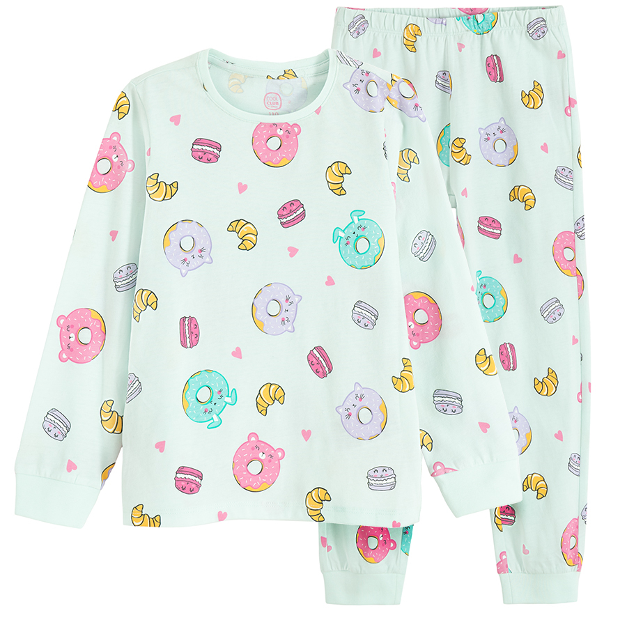 Light blue long sleeve pyjamas with donuts print- 2 pieces