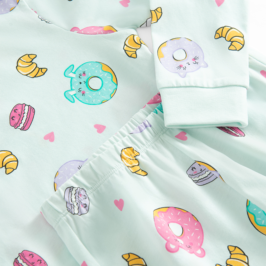 Light blue long sleeve pyjamas with donuts print- 2 pieces