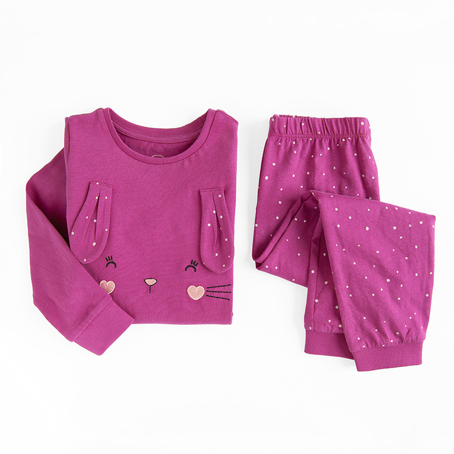 Burgundy long sleeve blouse and pants pyjamas with bunny print