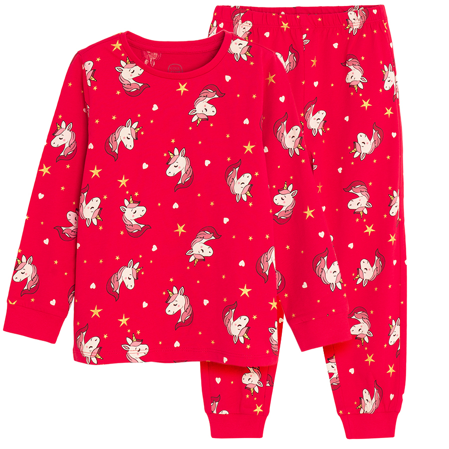 Red long sleeve blouse and pants pyjamas with unicorn print