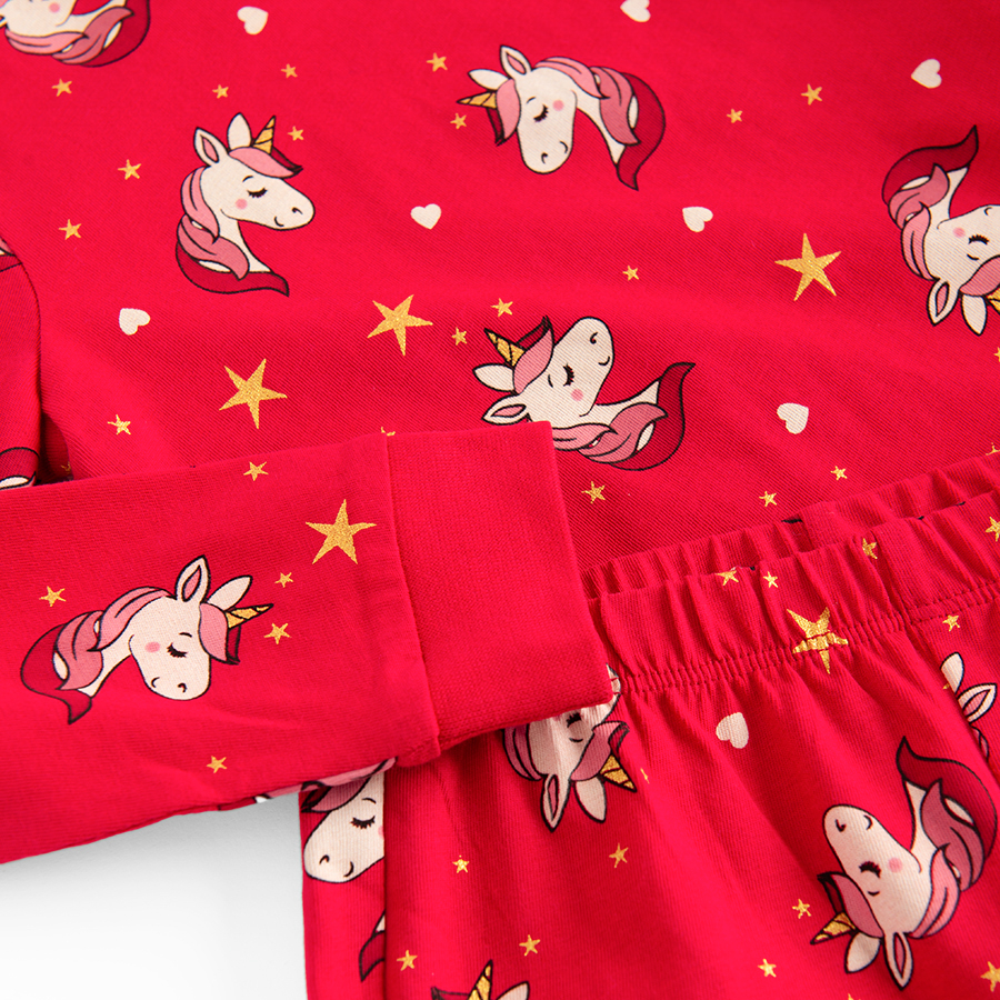 Red long sleeve blouse and pants pyjamas with unicorn print