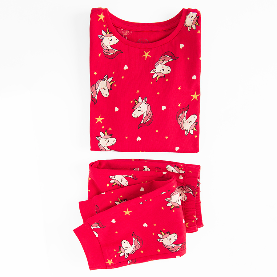 Red long sleeve blouse and pants pyjamas with unicorn print