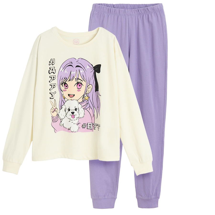 White long sleeve and purple pants pyjamas- 2 pieces