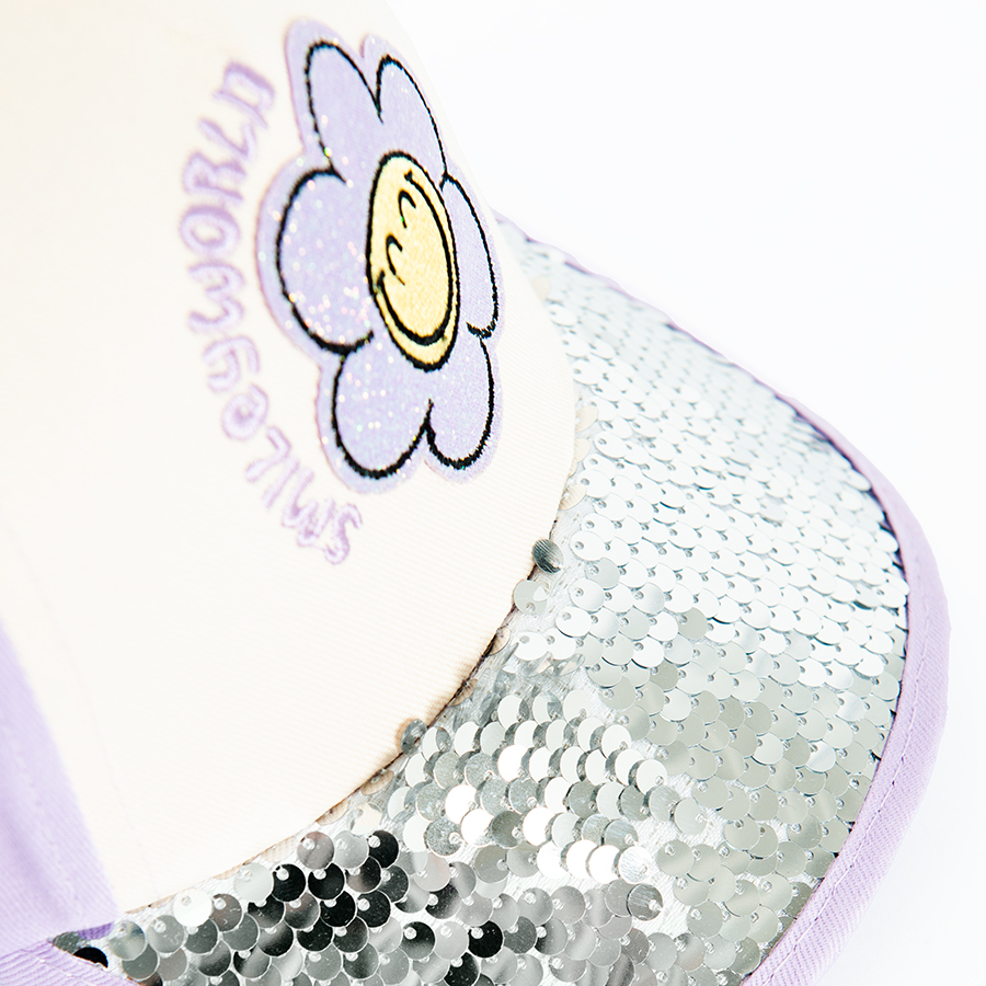 Smile white and puple jockey hat with sequences and daisy print