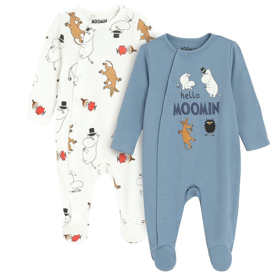 Moomins white and blue footed overalls with side clips- 2 pack