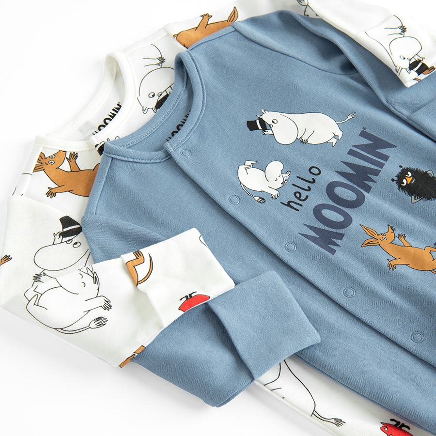 Moomins white and blue footed overalls with side clips- 2 pack