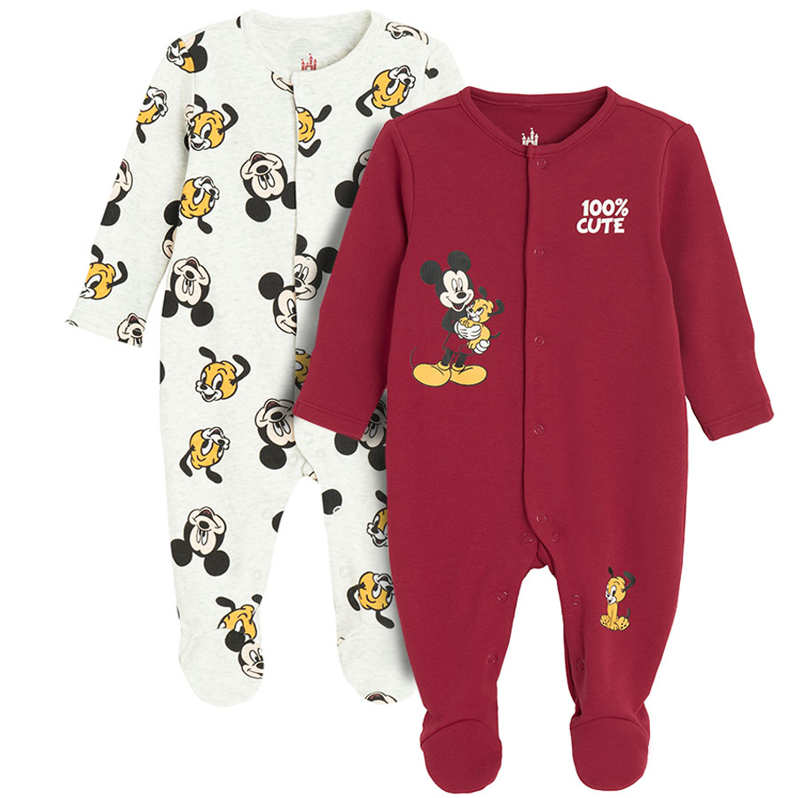 Mickey Mouse light grey and burgundy footed overall- 2 pack