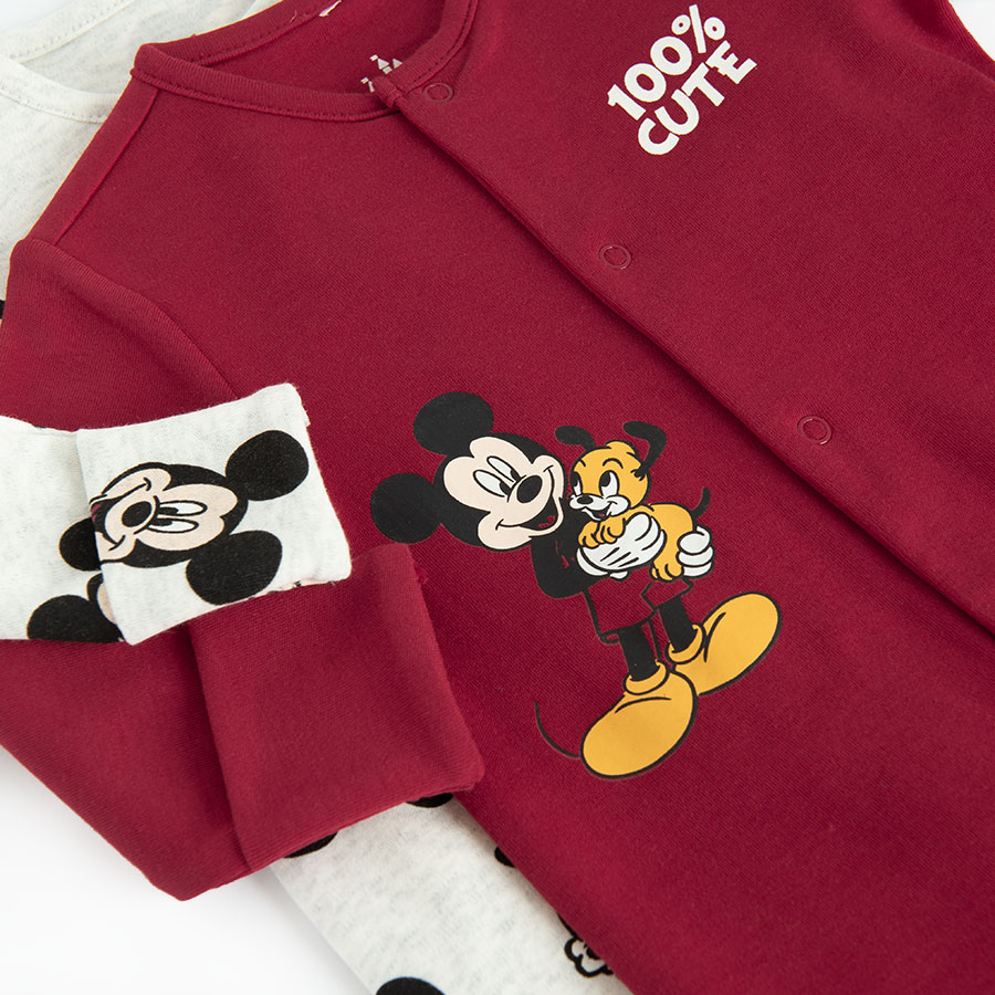 Mickey Mouse light grey and burgundy footed overall- 2 pack