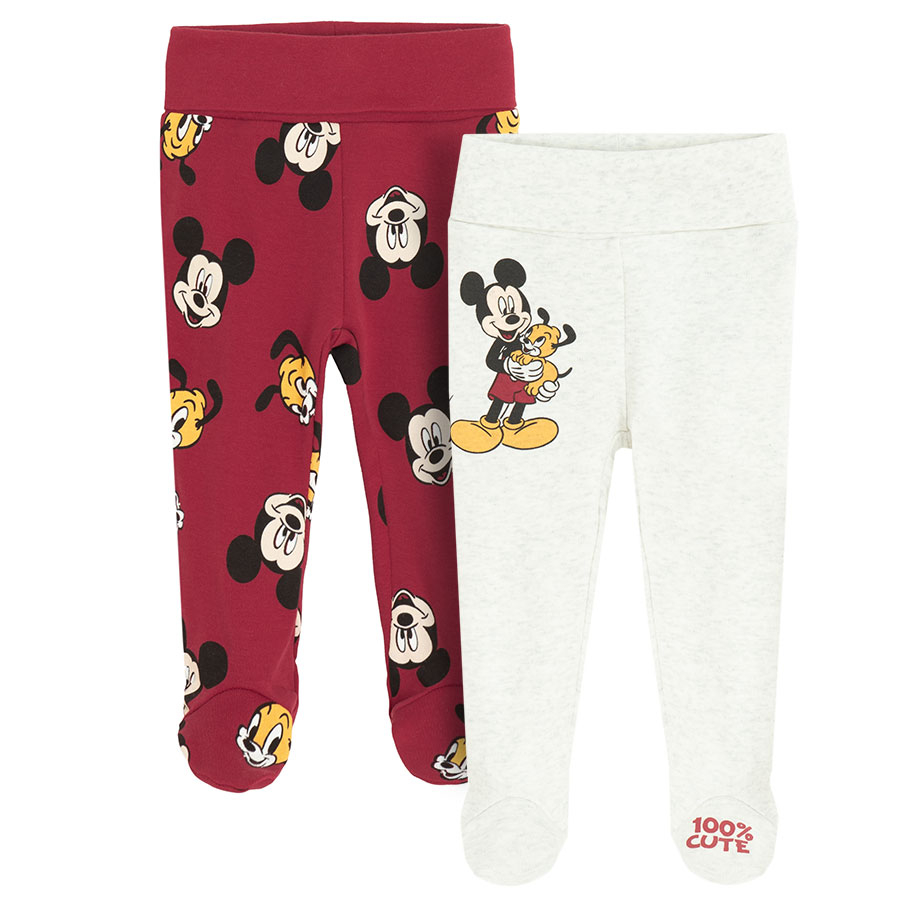 Mickey Mouse light grey and burgundy footed leggings- 2 pack