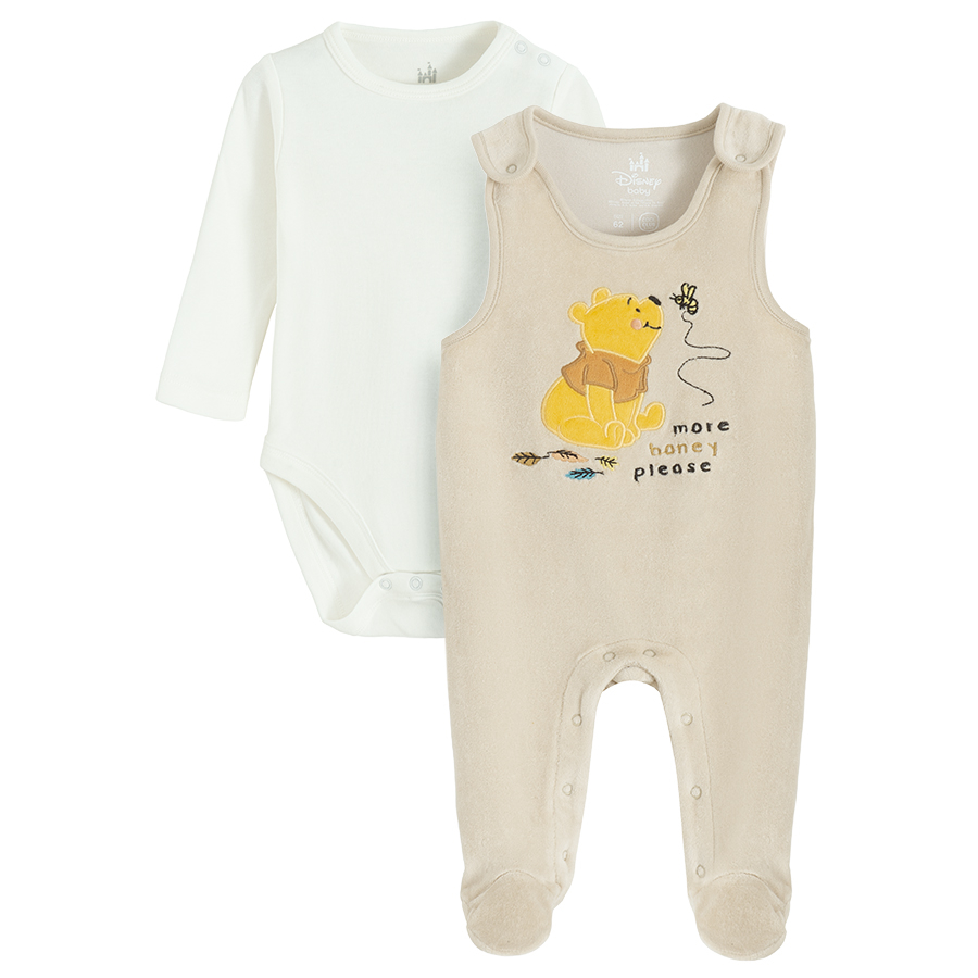 Winnie the Pook footed overall and grey long sleeve bodysuit set- 2 pieces