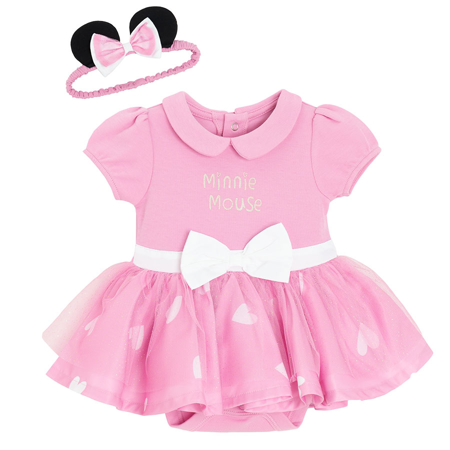 Minnie Mouse bodysuit sort sleeve dress, bows on the tulle skirt with matching headband- 2 pieces