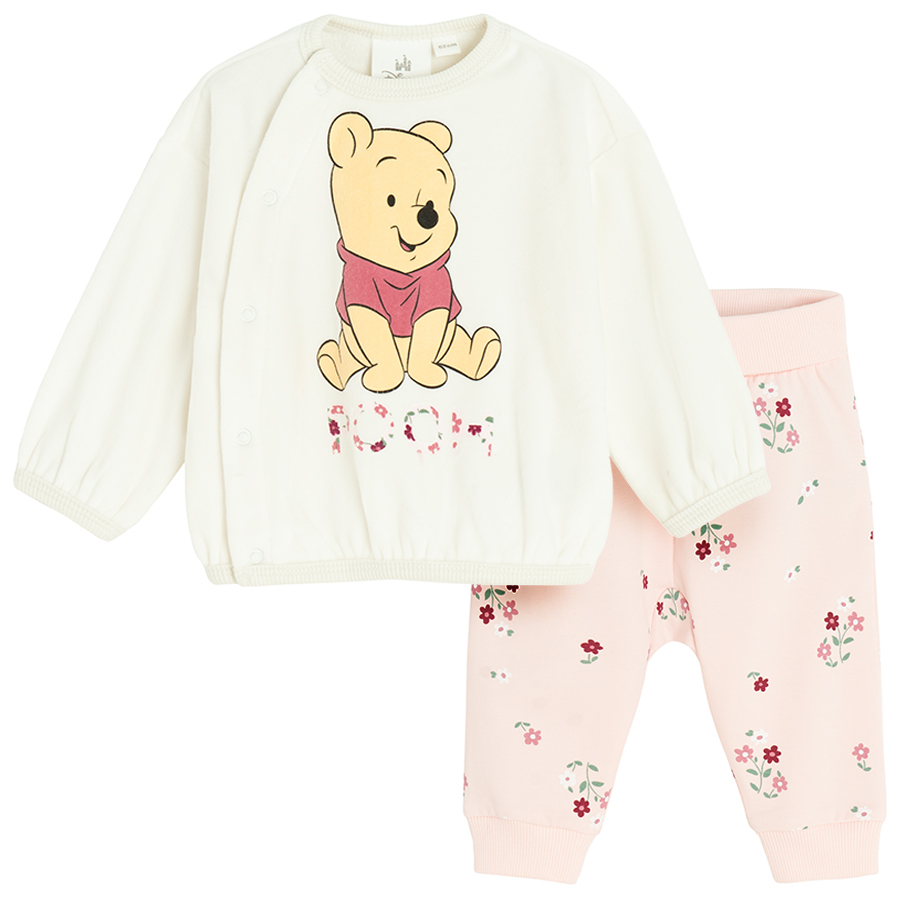 Winnie the Pooh white wrap blouse and pink floral footless leggings set- 2 pieces