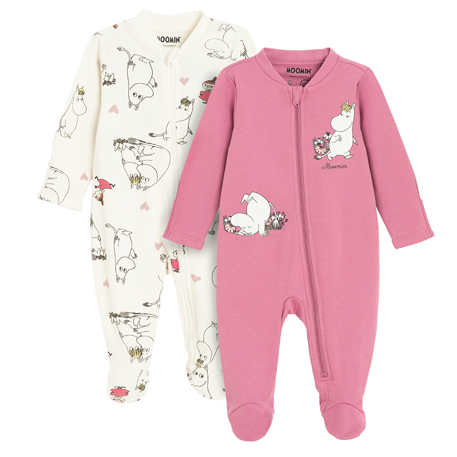 Moomins white and burgundy long sleeve footed overall with side zipper- 2 pack