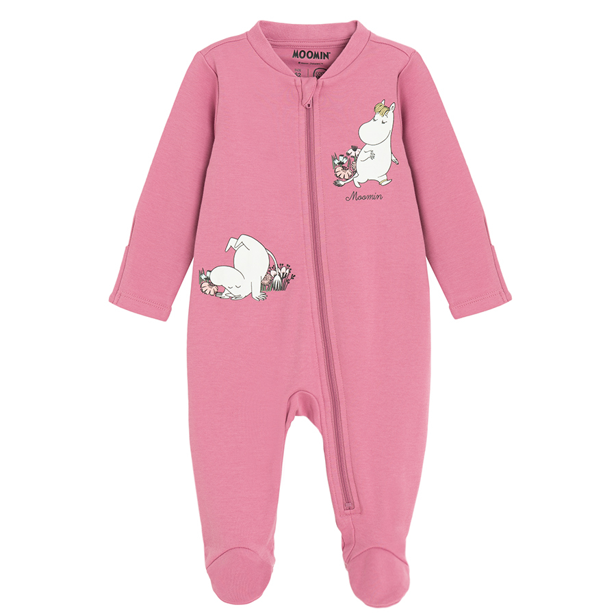 Moomins white and burgundy long sleeve footed overall with side zipper- 2 pack