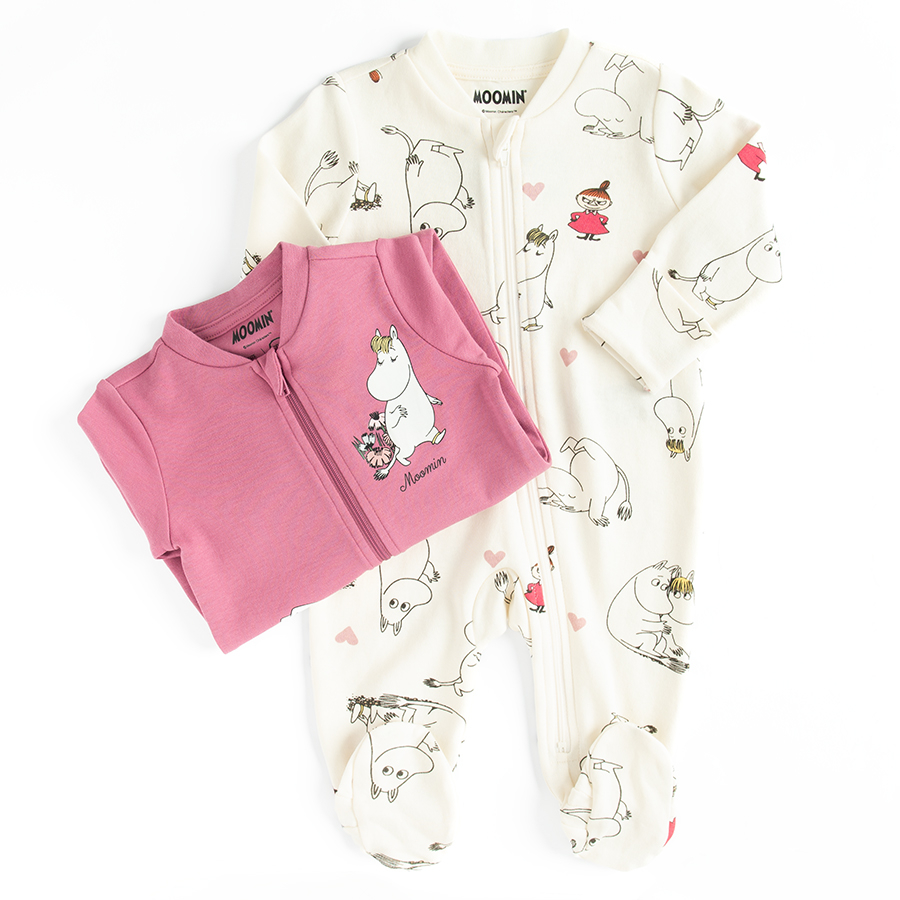 Moomins white and burgundy long sleeve footed overall with side zipper- 2 pack