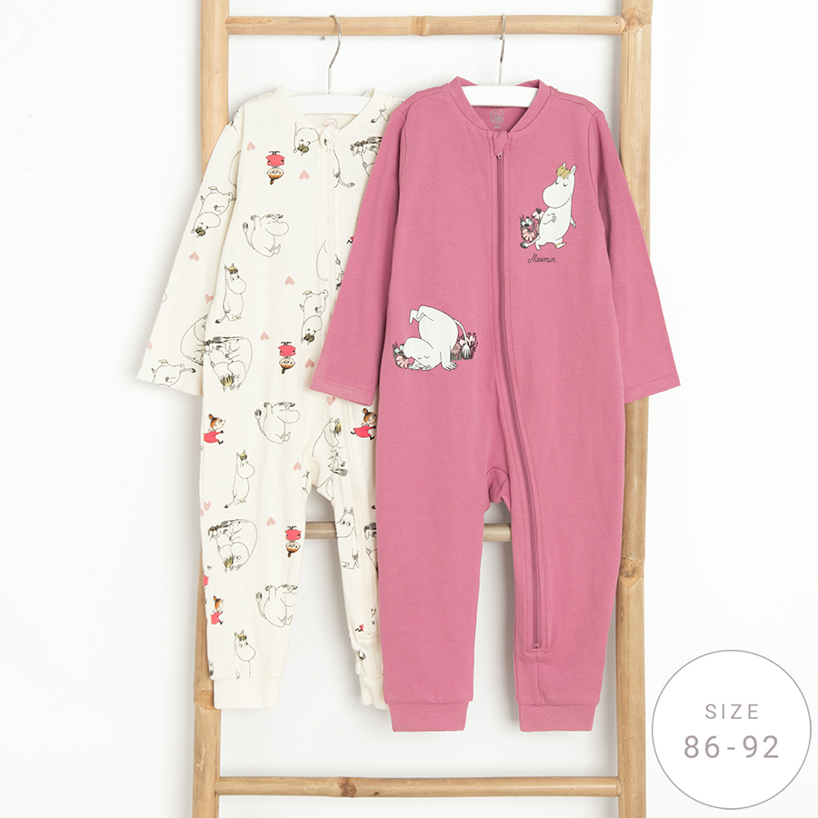 Moomins white and burgundy long sleeve footed overall with side zipper- 2 pack