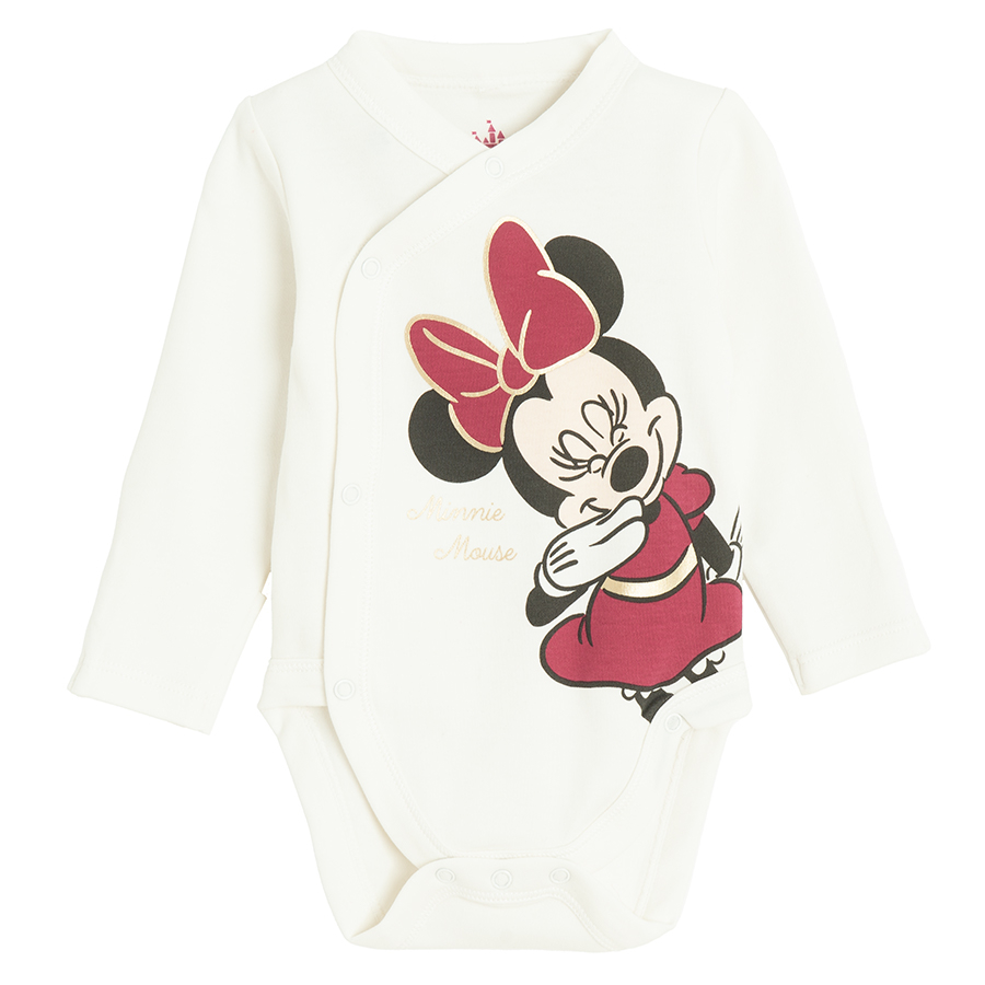 Minnie Mouse white and burgundy wrap long sleeve bodysuit