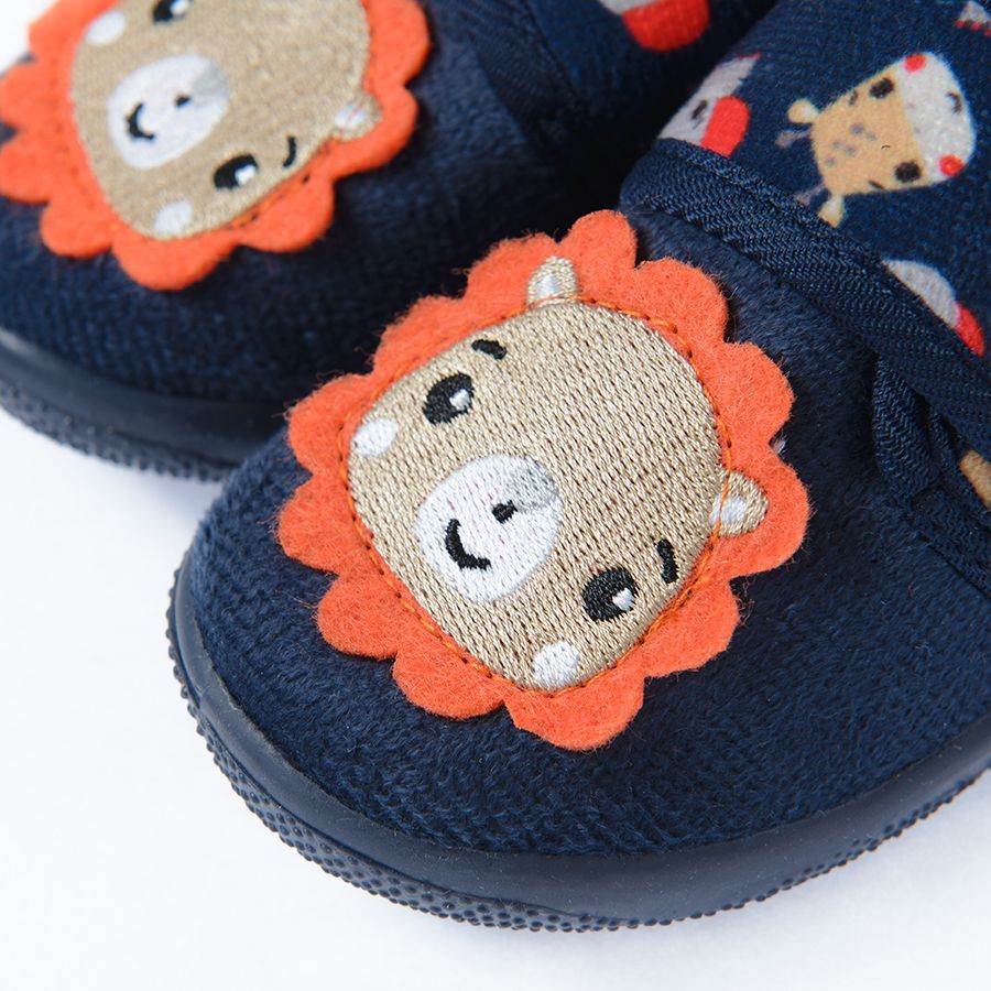 Fisher Price navy blue slippers with lion and animal prints