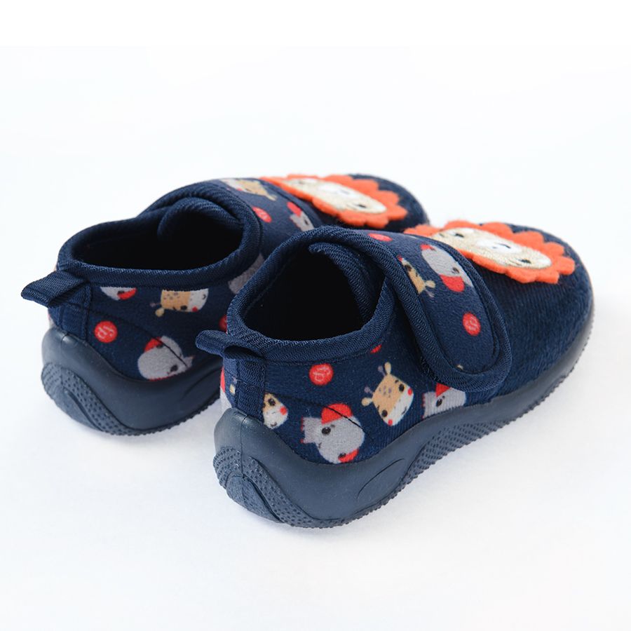 Fisher Price navy blue slippers with lion and animal prints