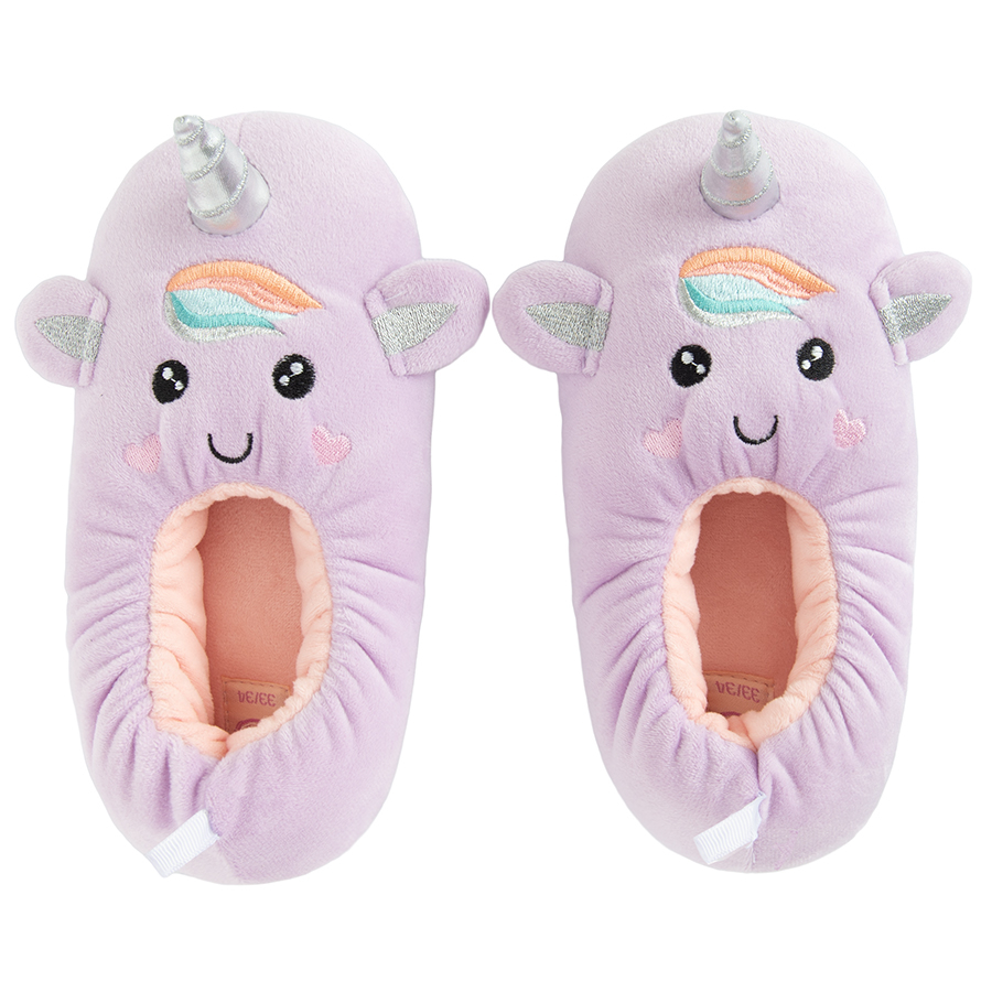 Purple home slippers with unicorn pattern